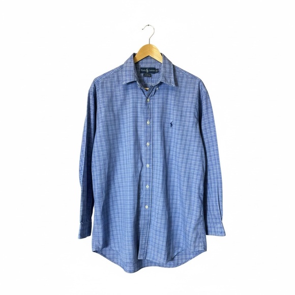 Vintage 90s Ralph Lauren Yarmouth Blue Plaid Button Down 100% Cotton 16.5 32/34 - Picture 3 of 4